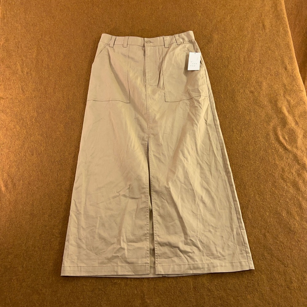 A New Day Womens Medium Tan Cotton Lyocell Front Slit Utility Maxi Skirt NWT